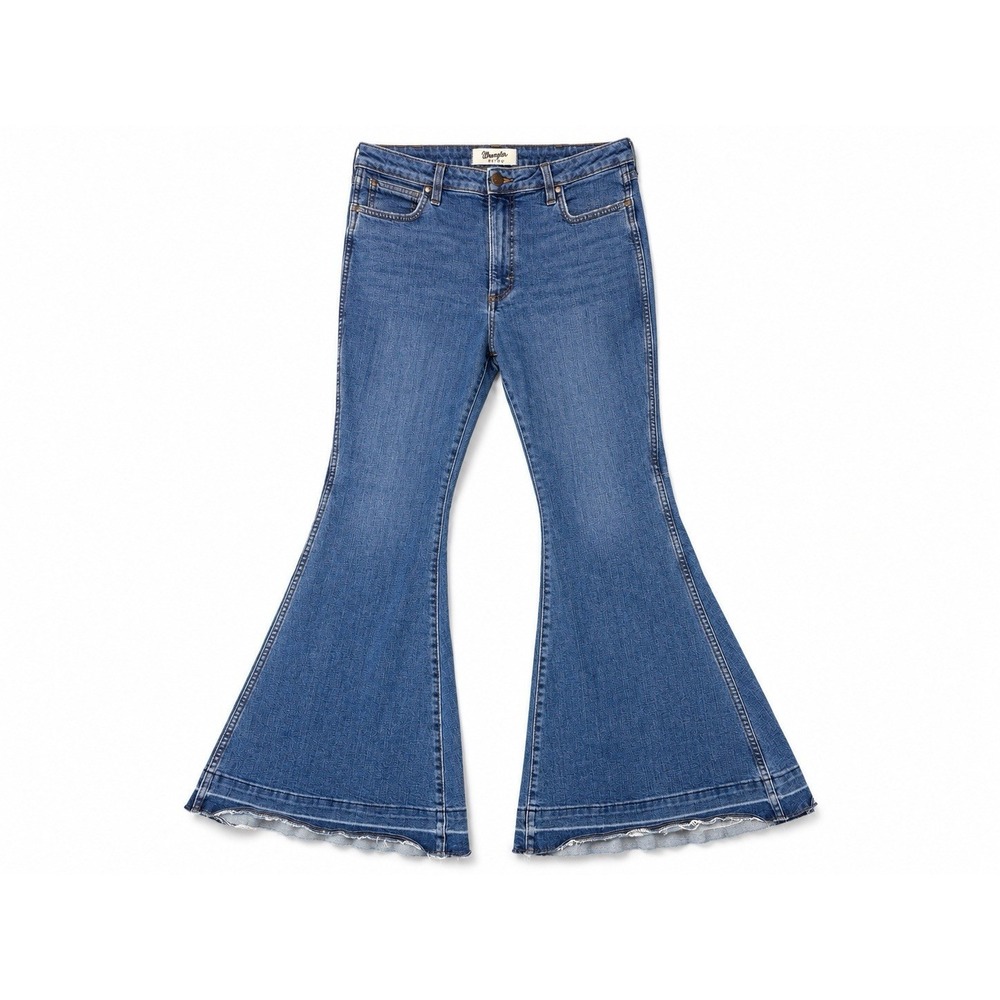 Wrangler Retro‎ High Rise Flare Jeans 32x30 Blue Stretch Raw Hem Western Boho